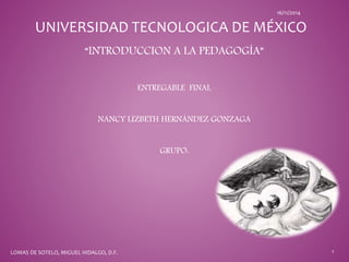 UNIVERSIDAD TECNOLOGICA DE MÉXICO
“INTRODUCCION A LA PEDAGOGÍA”
ENTREGABLE FINAL
NANCY LIZBETH HERNÁNDEZ GONZAGA
GRUPO:
16/11/2014
LOMAS DE SOTELO, MIGUEL HIDALGO, D.F. 1
 