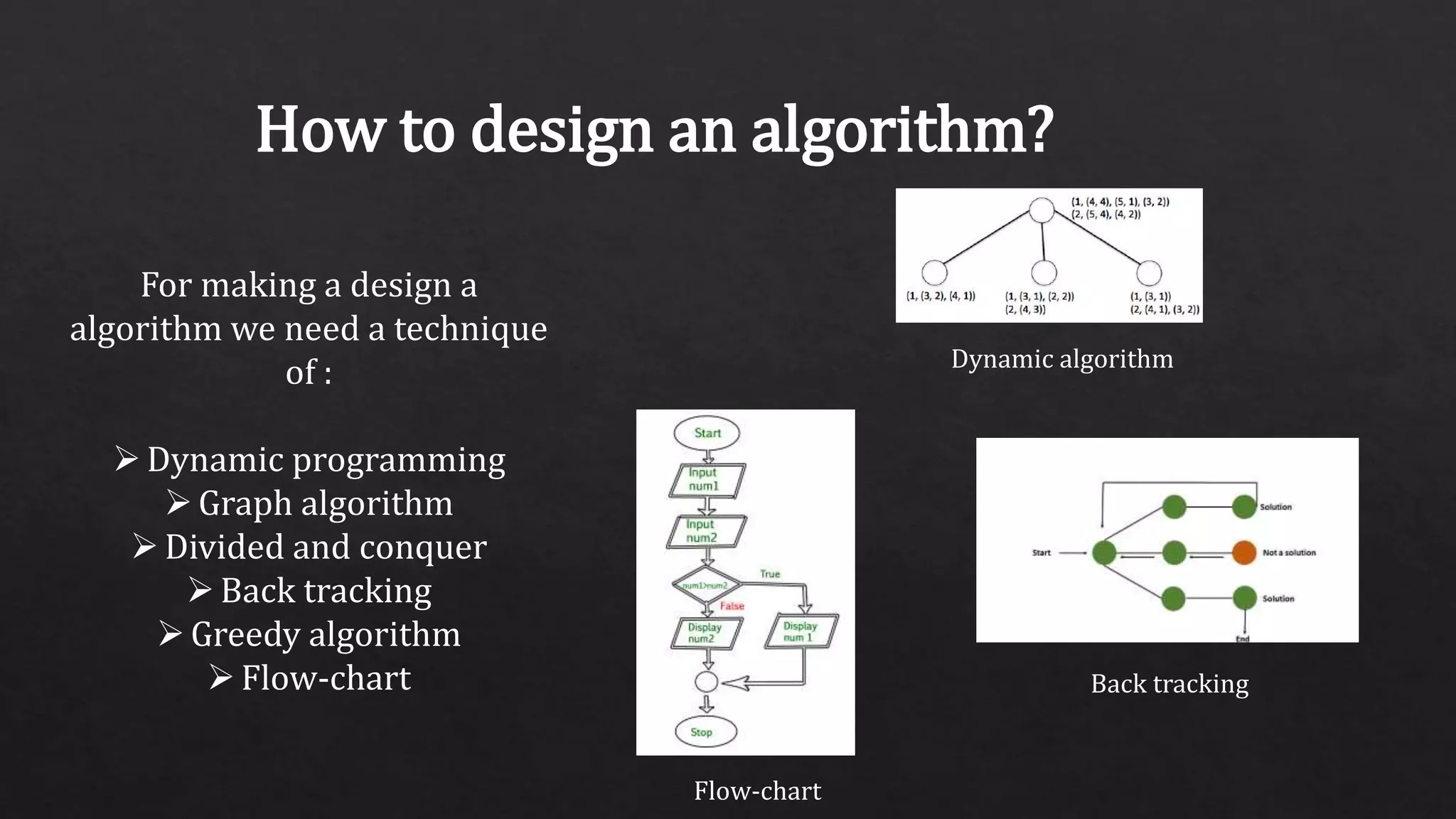 How to design an algorithm?
For making a design a
algorithm we need a technique
of :
Dynamic programming
Graph algorithm
Divided and conquer
Back tracking
Greedy algorithm
Flow-chart
Dynamic algorithm
Back tracking
Flow-chart
 