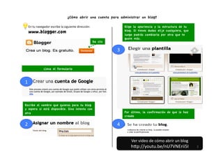 ¿Cómo abrir una cuenta para administrar un blog?

    En	
  tu	
  navegador	
  escribe	
  la	
  siguiente	
  dirección:	
  	
                       Elige   la apariencia y la estructura de tu
    www.blogger.com                                                                               blog.   Si tienes dudas elije cualquiera, que
                                                                                                  luego    podrás cambiarla por otra que te
                                                                                                  guste    más.
                                                                                Da clic

                                                                                          3	
  


                     Llena el formulario



1	
  



Escribe el nombre que quieras para tu blog
y espera si está disponible. Sino intenta con
otro                                                                                              Por último, la confirmación de que lo haz
                                                                                                  creado

2	
                                                                                       4	
  


                                                                                                      Ver	
  video	
  de	
  cómo	
  abrir	
  un	
  blog	
  
                                                                                                      h8p://youtu.be/nU7VNErii5I	
                            2	
  
 