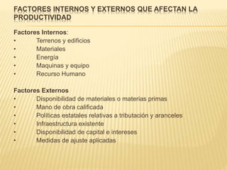 FACTORES INTERNOS Y EXTERNOS QUE AFECTAN LA
PRODUCTIVIDAD
Factores Internos:
• Terrenos y edificios
• Materiales
• Energía
• Maquinas y equipo
• Recurso Humano
Factores Externos
• Disponibilidad de materiales o materias primas
• Mano de obra calificada
• Políticas estatales relativas a tributación y aranceles
• Infraestructura existente
• Disponibilidad de capital e intereses
• Medidas de ajuste aplicadas
 