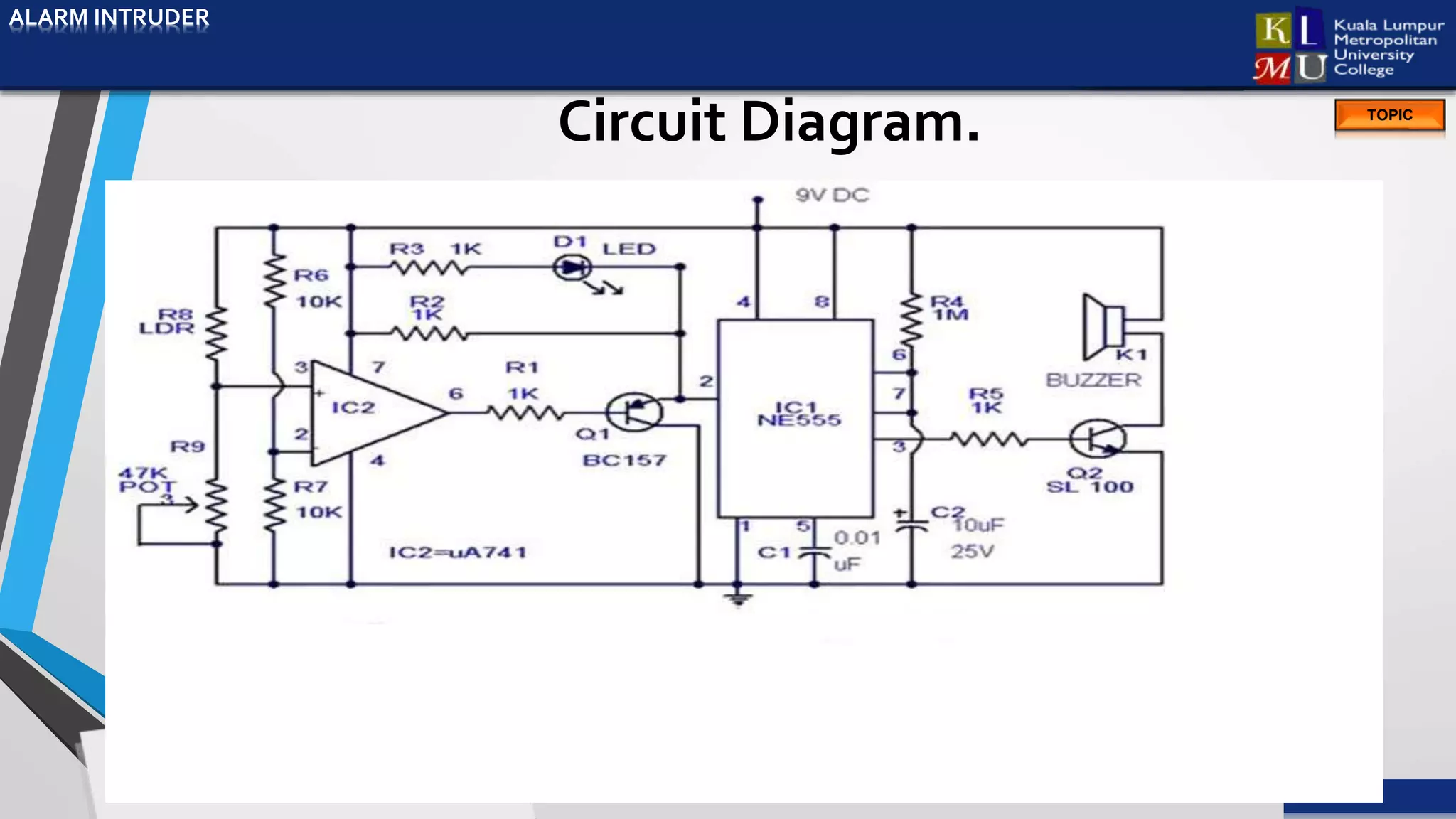 ALARM INTRUDER
TOPIC
Circuit Diagram.
ALARM INTRUDER
 