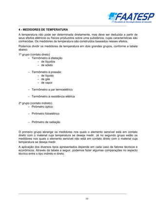 __________________________________________________________________________________

4 - MEDIDORES DE TEMPERATURA
A temperatura não pode ser determinada diretamente, mas deve ser deduzida a partir de
seus efeitos elétricos ou físicos produzidos sobre uma substância, cujas características são
conhecidas. Os medidores de temperatura são construídos baseados nesses efeitos.
Podemos dividir os medidores de temperatura em dois grandes grupos, conforme a tabela
abaixo:
1º grupo (contato direto)
− Termômetro à dilatação
− de líquidos
− de sólido
− Termômetro à pressão
− de líquido
− de gás
− de vapor
− Termômetro a par termoelétrico
− Termômetro à resistência elétrica
2º grupo (contato indireto)
− Pirômetro óptico
− Pirômetro fotoelétrico
− Pirômetro de radiação
O primeiro grupo abrange os medidores nos quais o elemento sensível está em contato
direto com o material cuja temperatura se deseja medir. Já no segundo grupo estão os
medidores nos quais o elemento sensível não está em contato direto com o material cuja
temperatura se deseja medir.
A aplicação dos diversos tipos apresentados depende em cada caso de fatores técnicos e
econômicos. Através da tabela a seguir, podemos fazer algumas comparações no aspecto
técnico entre o tipo indireto e direto.

__________________________________________________________________________________
10

 