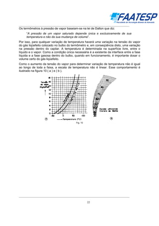 __________________________________________________________________________________

Os termômetros à pressão de vapor baseiam-se na lei de Dalton que diz:
“A pressão de um vapor saturado depende única e exclusivamente de sua
temperatura e não da sua mudança de volume”.
Por isso, para qualquer variação de temperatura haverá uma variação na tensão do vapor
do gás liqüefeito colocado no bulbo do termômetro e, em conseqüência disto, uma variação
na pressão dentro do capilar. A temperatura é determinada na superfície livre, entre o
líquido e o vapor. Como a condição única necessária é a existente da interface entre a fase
líquida e a fase gasosa dentro do bulbo, quando em funcionamento, é importante dosar o
volume certo do gás liqüefeito.
Como o aumento da tensão do vapor para determinar variação de temperatura não é igual
ao longo de toda a faixa, a escala de temperatura não é linear. Esse comportamento é
ilustrado na figura 10 ( a ) e ( b ).

Fig. 10

__________________________________________________________________________________
22

 