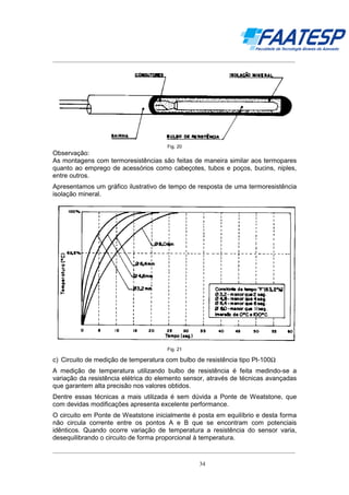 __________________________________________________________________________________

Fig. 20

Observação:
As montagens com termoresistências são feitas de maneira similar aos termopares
quanto ao emprego de acessórios como cabeçotes, tubos e poços, bucins, niples,
entre outros.
Apresentamos um gráfico ilustrativo de tempo de resposta de uma termoresistência
isolação mineral.

Fig. 21

c) Circuito de medição de temperatura com bulbo de resistência tipo Pt-100Ω
A medição de temperatura utilizando bulbo de resistência é feita medindo-se a
variação da resistência elétrica do elemento sensor, através de técnicas avançadas
que garantem alta precisão nos valores obtidos.
Dentre essas técnicas a mais utilizada é sem dúvida a Ponte de Weatstone, que
com devidas modificações apresenta excelente performance.
O circuito em Ponte de Weatstone inicialmente é posta em equilíbrio e desta forma
não circula corrente entre os pontos A e B que se encontram com potenciais
idênticos. Quando ocorre variação de temperatura a resistência do sensor varia,
desequilibrando o circuito de forma proporcional à temperatura.
__________________________________________________________________________________
34

 
