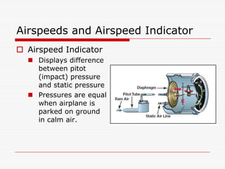 Airspeeds and Airspeed Indicator
 Airspeed Indicator
   Displays difference
    between pitot
    (impact) pressure
    and static pressure
   Pressures are equal
    when airplane is
    parked on ground
    in calm air.
 