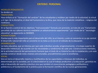 CRITERIO PERSONAL
MODELOS PEDAGOGICOS
Se dividen en
TRADICIONAL
Hace énfasis es la “ formación del carácter” de los estudiantes y moldear por medio de la voluntad, la virtud
y el rigor de la disciplina, el ideal del humanismo y la ética, que viene de la tradición metafísica – religiosa del
medioevo.
CONDUCTISTA
En la fijación y control de los objetivos “instruccionales“ formula con precisión, se trata de una “transmisión
parcelada de sus saberes técnicos mediante un adiestramiento experimental “ por medio de la “ tecnología
educativa”, su exponente es SKINNER.
ROMANTICISMO
Plantea que lo más importante para el desarrollo del niño, es el interior, y este se convierte en su eje central.
El desarrollo natural del niño se convierte en la meta y a la vez en el método de la educación.
DESARROLLISTA
La meta educativa, que se interesa por que cada individuo acceda, progresivamente, a la etapa superior de
desarrollo intelectual, de acuerdo con las necesidades y condiciones de cada uno. Construcciones mentales,
de la actividad esencial del pensamiento humano que a través de su historia ha sido la modelación; y en este
sentido construir desde estas visiones estructuradas, procedimientos para la enseñanza.
SOCIAL
Gira en torno al desarrollo máximo y multifacético de las capacidades e intereses del individuo, es
determinado por la sociedad, por la colectividad en la cual el trabajo productivo y la educación, garantiza no
sólo el desarrollo del espíritu colectivo sino que también el conocimiento pedagógico polifacético y
politécnico y el fundamento de la práctica para la formación científica de las nuevas generaciones.
 
