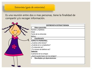 Es una reunión entre dos o mas personas, tiene la finalidad de
compartir y/o recoger información.
Entrevista (guía de entrevista)
 