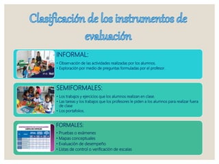INFORMAL:
• Observación de las actividades realizadas por los alumnos.
• Exploración por medio de preguntas formuladas por el profesor.
SEMIFORMALES:
• Los trabajos y ejercicios que los alumnos realizan en clase.
• Las tareas y los trabajos que los profesores le piden a los alumnos para realizar fuera
de clase
• Los portafolios.
FORMALES:
• Pruebas o exámenes
• Mapas conceptuales
• Evaluación de desempeño
• Listas de control o verificación de escalas
 