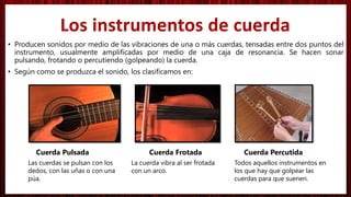 • Producen sonidos por medio de las vibraciones de una o más cuerdas, tensadas entre dos puntos del
instrumento, usualmente amplificadas por medio de una caja de resonancia. Se hacen sonar
pulsando, frotando o percutiendo (golpeando) la cuerda.
• Según como se produzca el sonido, los clasificamos en:
Cuerda Pulsada Cuerda Frotada Cuerda Percutida
Los instrumentos de cuerda
Las cuerdas se pulsan con los
dedos, con las uñas o con una
púa.
La cuerda vibra al ser frotada
con un arco.
Todos aquellos instrumentos en
los que hay que golpear las
cuerdas para que suenen.
 
