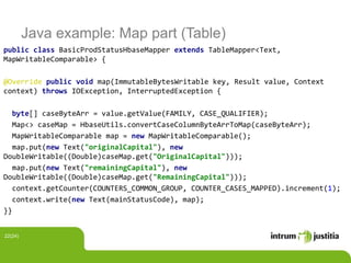Java example: Map part (Table)
public class BasicProdStatusHbaseMapper extends TableMapper<Text,
MapWritableComparable> {
@Override public void map(ImmutableBytesWritable key, Result value, Context
context) throws IOException, InterruptedException {
byte[] caseByteArr = value.getValue(FAMILY, CASE_QUALIFIER);
Map<> caseMap = HbaseUtils.convertCaseColumnByteArrToMap(caseByteArr);
MapWritableComparable map = new MapWritableComparable();
map.put(new Text("originalCapital"), new
DoubleWritable((Double)caseMap.get("OriginalCapital")));
map.put(new Text("remainingCapital"), new
DoubleWritable((Double)caseMap.get("RemainingCapital")));
context.getCounter(COUNTERS_COMMON_GROUP, COUNTER_CASES_MAPPED).increment(1);
context.write(new Text(mainStatusCode), map);
}}
22(24)
 