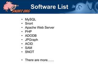 Software List MySQL Snort Apache Web Server PHP ADODB JPGraph ACID SAM SNOT There are more…… 