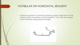 VESTIBULAR OR HORIZONTAL SEGMENT
 Vestibular segment is formed by placing a right angle bend at the
inferior portion of posterior vertical segment. The wire then passes
antero-inferiorly along gingival margin.
 