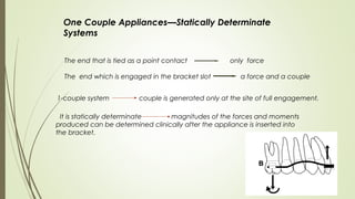 41
One Couple Appliances—Statically Determinate
Systems
The end that is tied as a point contact only force
The end which is engaged in the bracket slot a force and a couple
1-couple system couple is generated only at the site of full engagement.
It is statically determinate magnitudes of the forces and moments
produced can be determined clinically after the appliance is inserted into
the bracket.
 