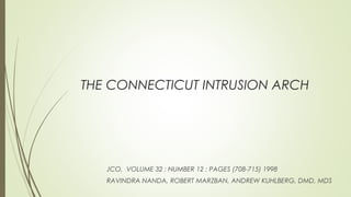 THE CONNECTICUT INTRUSION ARCH
JCO, VOLUME 32 : NUMBER 12 : PAGES (708-715) 1998
RAVINDRA NANDA, ROBERT MARZBAN, ANDREW KUHLBERG, DMD, MDS
 