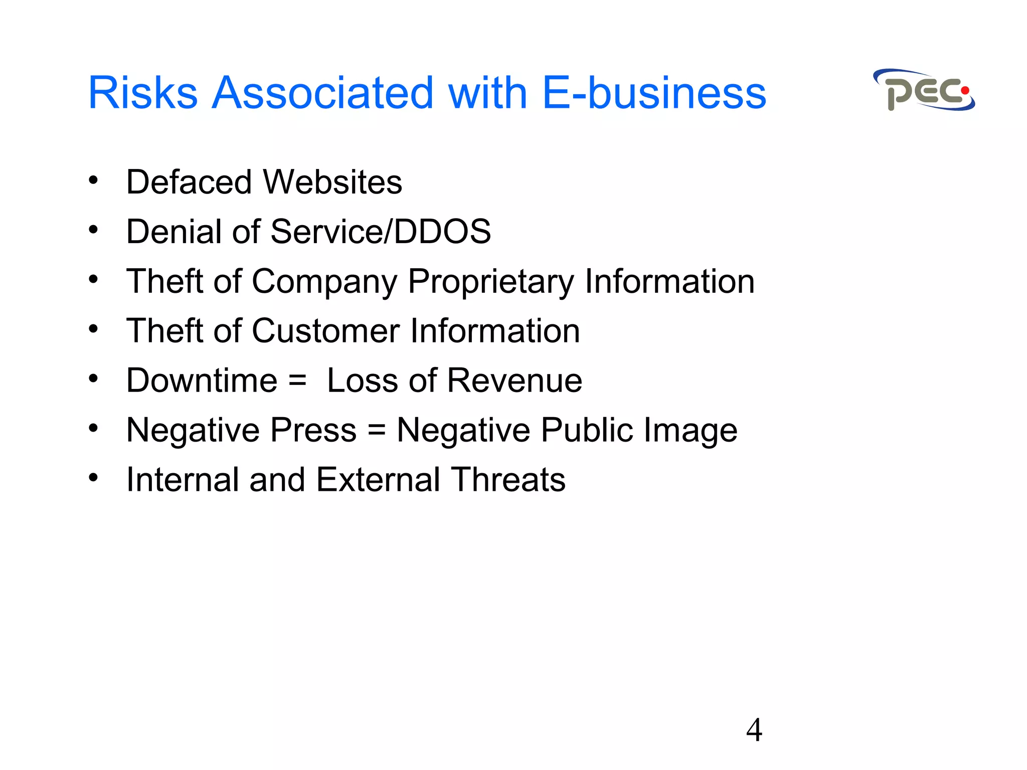 4
Risks Associated with E-business
• Defaced Websites
• Denial of Service/DDOS
• Theft of Company Proprietary Information
• Theft of Customer Information
• Downtime = Loss of Revenue
• Negative Press = Negative Public Image
• Internal and External Threats
 