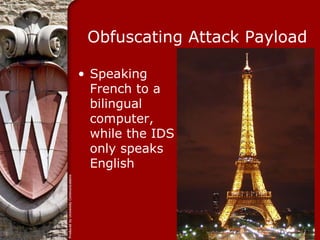 Obfuscating Attack Payload

• Speaking
  French to a
  bilingual
  computer,
  while the IDS
  only speaks
  English
 