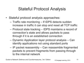 © Cengage Learning 2014
Stateful Protocol Analysis
• Stateful protocol analysis approaches:
– Traffic rate monitoring – If IDPS detects sudden
increase in traffic it can stop and reset all TCP traffic
– Protocol state tracking – IDPS maintains a record of
connection’s state and allows packets to pass
through if it is an established connection
– Dynamic Application layer protocol analysis – Can
identify applications not using standard ports
– IP packet reassembly – Can reassemble fragmented
packets to prevent fragments from passing through
to the internal network
Guide to Network Defense and Countermeasures, 3rd Edition 11
 