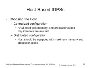 © Cengage Learning 2014
Guide to Network Defense and Countermeasures, 3rd Edition 35
Host-Based IDPSs
• Choosing the Host
– Centralized configuration
• RAM, hard disk memory, and processor speed
requirements are minimal
– Distributed configuration
• Host should be equipped with maximum memory and
processor speed
 