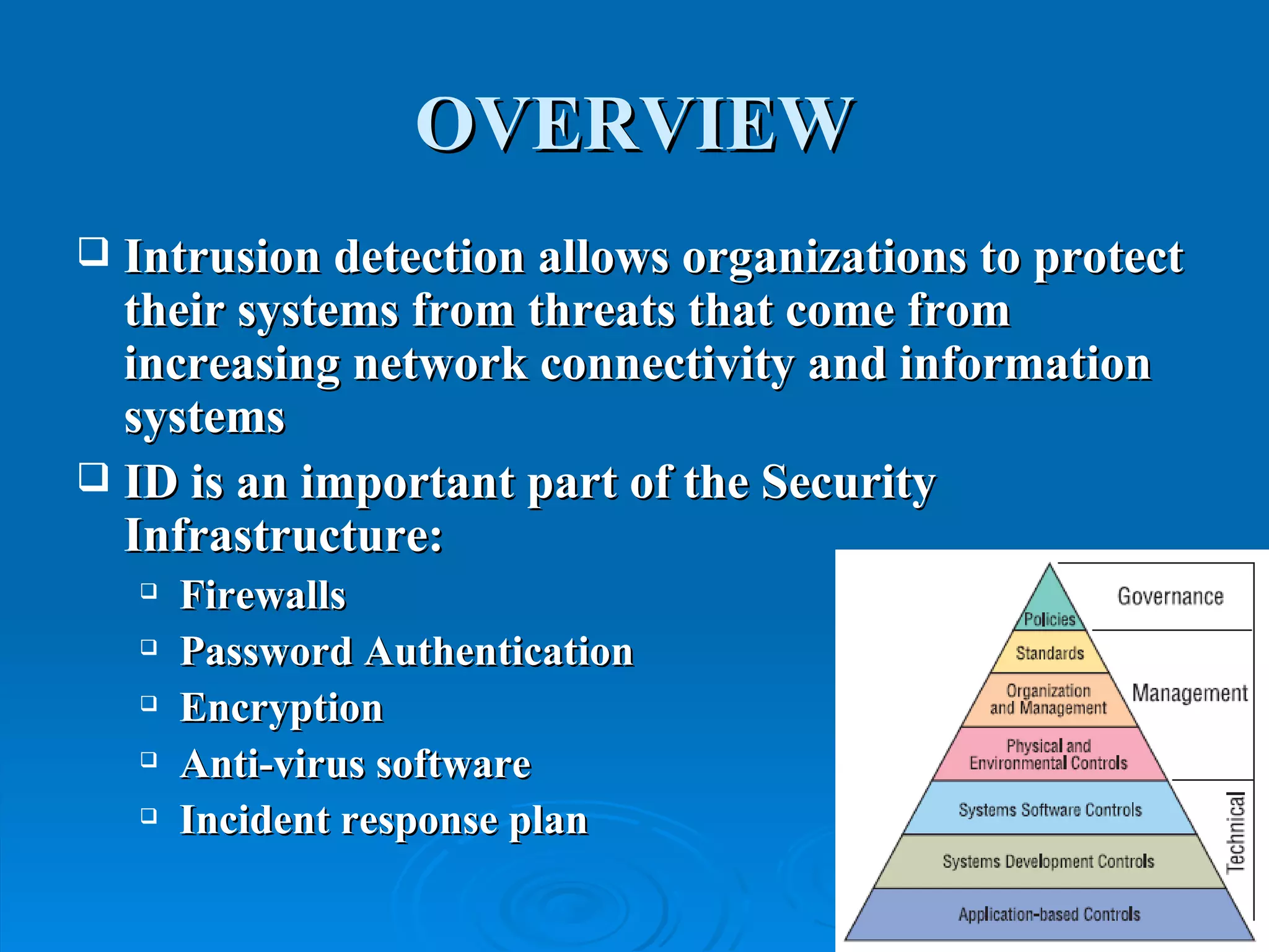 OVERVIEW Intrusion detection allows organizations to protect their systems from threats that come from increasing network connectivity and information systems ID is an important part of the Security Infrastructure:  Firewalls Password Authentication Encryption Anti-virus software Incident response plan 