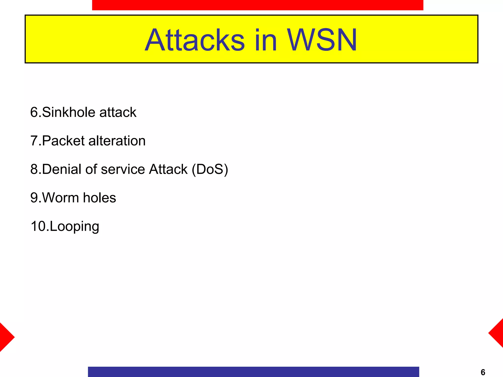 Attacks in WSN
6.Sinkhole attack
7.Packet alteration
8.Denial of service Attack (DoS)
9.Worm holes
10.Looping
6
 
