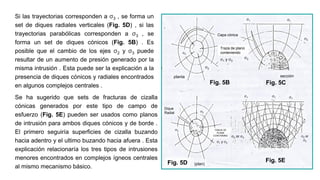 Si las trayectorias corresponden a σ3 , se forma un
set de diques radiales verticales (Fig. 5D) , si las
trayectorias parabólicas corresponden a σ3 , se
forma un set de diques cónicos (Fig. 5B) . Es
posible que el cambio de los ejes σ2 y σ3 puede
resultar de un aumento de presión generado por la
misma intrusión . Esta puede ser la explicación a la
presencia de diques cónicos y radiales encontrados
en algunos complejos centrales .
Se ha sugerido que sets de fracturas de cizalla
cónicas generados por este tipo de campo de
esfuerzo (Fig. 5E) pueden ser usados como planos
de intrusión para ambos diques cónicos y de borde .
El primero seguiría superficies de cizalla buzando
hacia adentro y el ultimo buzando hacia afuera . Esta
explicación relacionaría los tres tipos de intrusiones
menores encontrados en complejos ígneos centrales
al mismo mecanismo básico.
σ1 y σ3
planta
Traza de plano
conteniendo
Capa cónica
σ2
σ2
Fig. 5B
σ1 σ1
σ3
σ3
sección
Fig. 5C
Dique
Radial σ3
σ3
(plan)Fig. 5D
TRACE OF
PLANE
CONTAINING
Fig. 5E
σ1 y σ3
σ1 σ1 σ1
σ2 or σ3 σ2 or
σ3
 