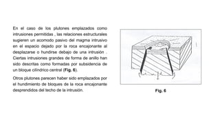 En el caso de los plutones emplazados como
intrusiones permitidas , las relaciones estructurales
sugieren un acomodo pasivo del magma intrusivo
en el espacio dejado por la roca encajonante al
desplazarse o hundirse debajo de una intrusión .
Ciertas intrusiones grandes de forma de anillo han
sido descritas como formadas por subsidencia de
un bloque cilíndrico central (Fig. 6).
Otros plutones parecen haber sido emplazados por
el hundimiento de bloques de la roca encajonante
desprendidos del techo de la intrusión. Fig. 6
 