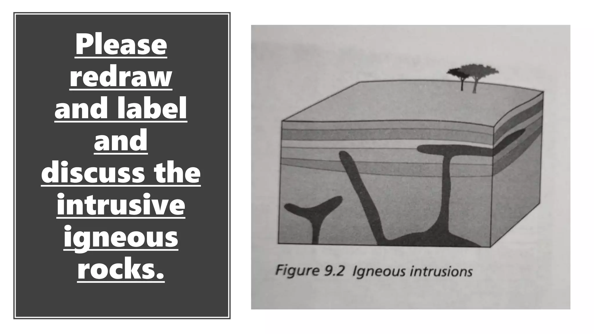 Please
redraw
and label
and
discuss the
intrusive
igneous
rocks.
 