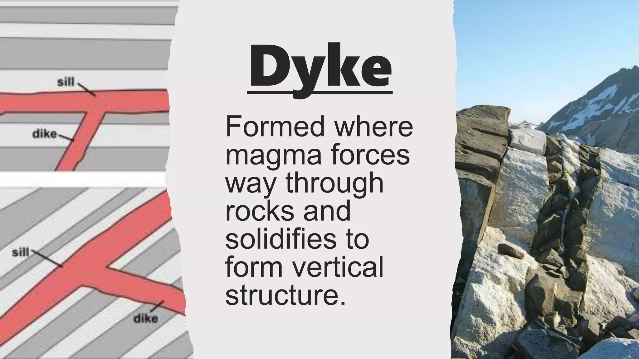 Dyke
Formed where
magma forces
way through
rocks and
solidifies to
form vertical
structure.
 