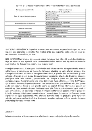 Quadro 1 – Métodos de controle de intrusão salina Fonte ou causa da intrusão
Fonte ou causa da intrusão

Água do mar em aqüífero costeiro

Aumento do cone de depressão
Campo de óleo salino
Poços defeituosos
Infiltração superficial
Zonas de água salina em aqüíferos

Método de Controle
Modificação do padrão de explotação
Recarga artificial
Barreira de extração
Barreira de injeção
Barreira subterrânea
Modificação do padrão de explotação
Poços limpadores de sais
Eliminação na superfície dos depósitos
Poços injetores
Fechamento de poços desativados
Fechamento de poços defeituosos
Eliminação da fonte
Relocação e reprojeto dos poços

Fonte: TODD/1980

SUPERFÍCIE PIEZOMÉTRICA: Superfície contínua que representa as pressões da água na parte
superior dos aqüíferos confinados. Nas regiões onde esta superfície está acima do nível do
terreno temos artesianismo jorrante.
NÍEL ESTÁTICO:Nível em que se encontra a água num poço que não está sendo bombeado, ou
seja, em repouso. Nos aqüíferos livres coincide com o nível freático. Nos aqüíferos artesianos o
nível estático é o da superfície piezométrica naquele local.
Barragen subterrânea: As barragens subterrâneas são obtidas através do represamento do fluxo
subterrâneo, principalmente ao longo dos talvegues situados em vales aluviais amplos. Uma
vantagem construtiva notável das barragens subterrâneas, é que elas não necessitam de grandes
cálculos estruturais e nem o grau de segurança das barragens a céu aberto. Em certas situações
geológicas uma cava profunda, perpendicular ao talvegue e preenchida por solo argiloso
compactado pode funcionar como uma eficaz barreira ao fluxo subterrâneo. Filme de PVC pode
ajudar como elemento impermeabilizante. Esta é uma estrutura que pode ser feita, em grande
parte, com recursos locais e sem grande aporte de capital. Outras intervenções podem ser
necessárias, como a injeção de calda de cimento para selar fraturas que funcionem como ladrão à
agua armazenada. Em aquíferos costeiros, barragens subterrâneas podem aliviar o perigo de
intrusão salina ao dificultarem a penetração da cunha de água do mar em regiões com grande
explotação de água subterrânea. Uma eficiente barreira pode ser produzida pela injeção de
substâncias impermeabilizantes (calda de cimento, soluções argilosas, etc) em baterias de poços
profundos paralelos à linha de costa.

Atividade
Leia atentamente o artigo e apresente a relação entre superexplotação e intrusão marinha.

 