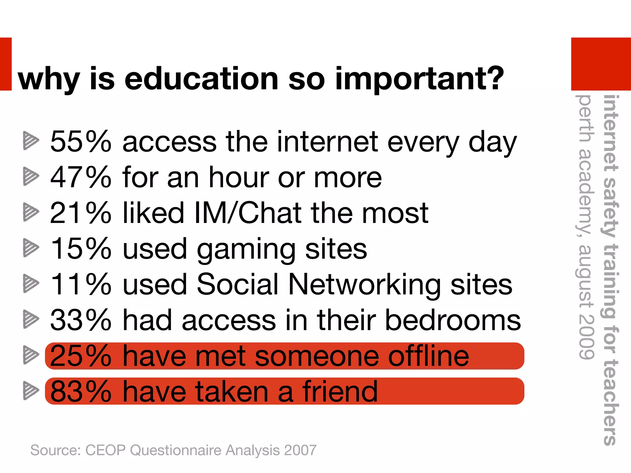 why is education so important?




                                           perth academy, august 2009
                                           internet safety training for teachers
  55% access the internet every day
  47% for an hour or more
  21% liked IM/Chat the most
  15% used gaming sites
  11% used Social Networking sites
  33% had access in their bedrooms
  25% have met someone ofﬂine
  83% have taken a friend
Source: CEOP Questionnaire Analysis 2007
 