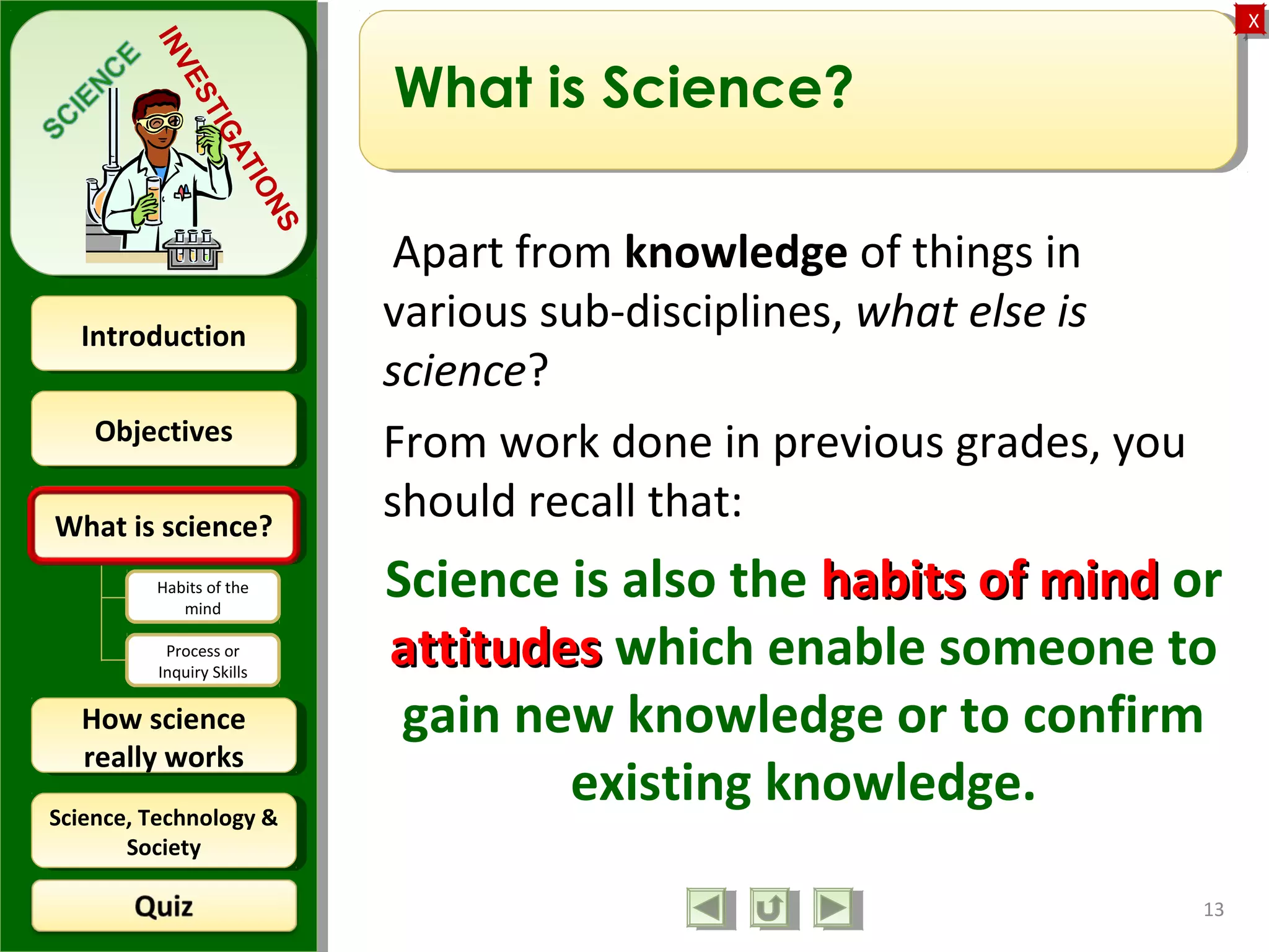 ObjectivesObjectives
What is science?What is science?
How science
really works
How science
really works
IntroductionIntroduction
Science, Technology &
Society
Science, Technology &
Society
XX
INVESTIGATIONS
Habits of the
mind
Process or
Inquiry Skills
What is Science?
Apart from knowledge of things in
various sub-disciplines, what else is
science?
From work done in previous grades, you
should recall that:
Science is also the habits of mindhabits of mind or
attitudesattitudes which enable someone to
gain new knowledge or to confirm
existing knowledge.
13
 