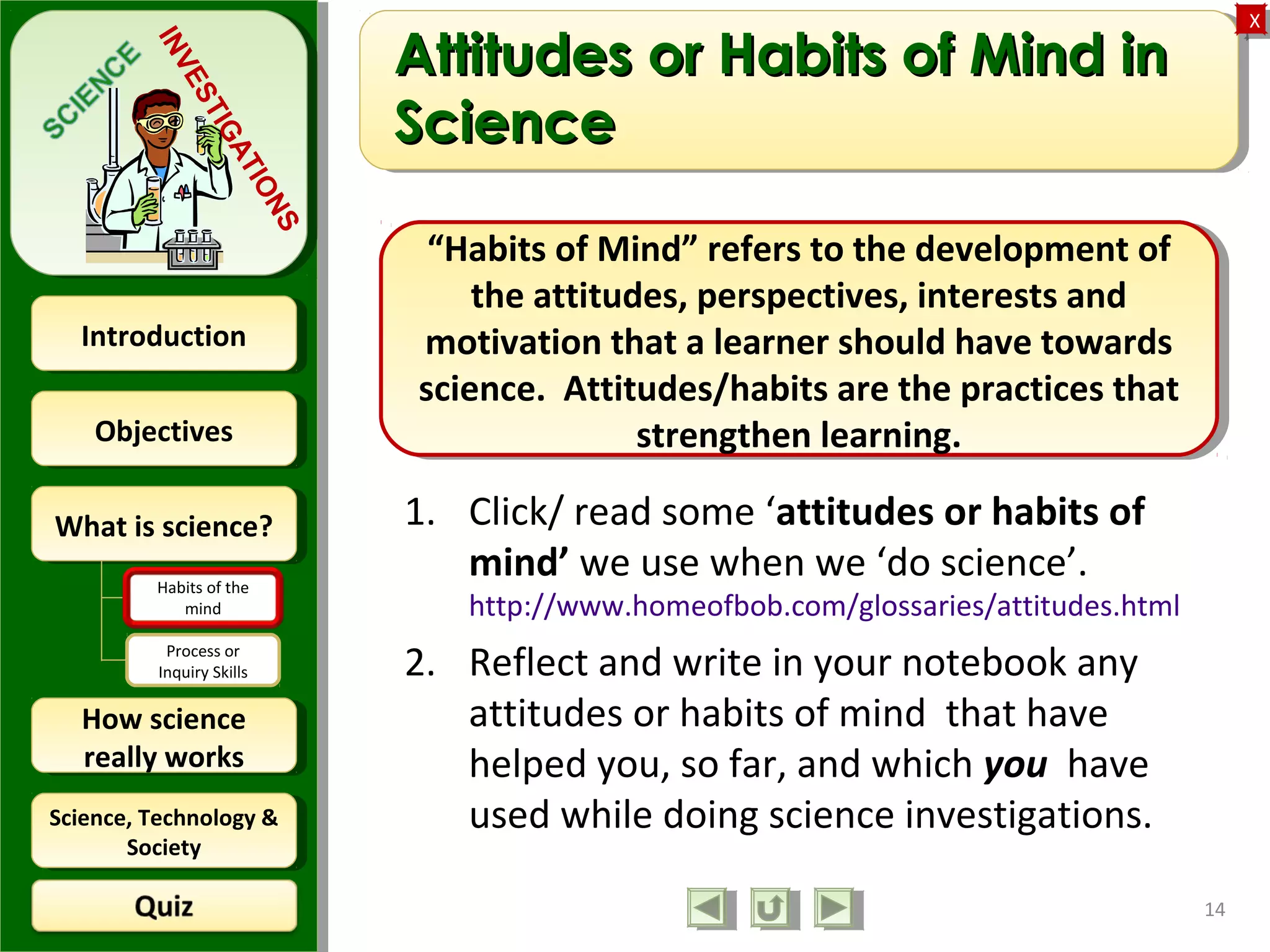 ObjectivesObjectives
What is science?What is science?
How science
really works
How science
really works
IntroductionIntroduction
Science, Technology &
Society
Science, Technology &
Society
XX
INVESTIGATIONS
Habits of the
mind
Process or
Inquiry Skills
Attitudes or Habits of Mind inAttitudes or Habits of Mind in
ScienceScience
1. Click/ read some ‘attitudes or habits of
mind’ we use when we ‘do science’.
http://www.homeofbob.com/glossaries/attitudes.html
2. Reflect and write in your notebook any
attitudes or habits of mind that have
helped you, so far, and which you have
used while doing science investigations.
14
“Habits of Mind” refers to the development of
the attitudes, perspectives, interests and
motivation that a learner should have towards
science. Attitudes/habits are the practices that
strengthen learning.
“Habits of Mind” refers to the development of
the attitudes, perspectives, interests and
motivation that a learner should have towards
science. Attitudes/habits are the practices that
strengthen learning.
 