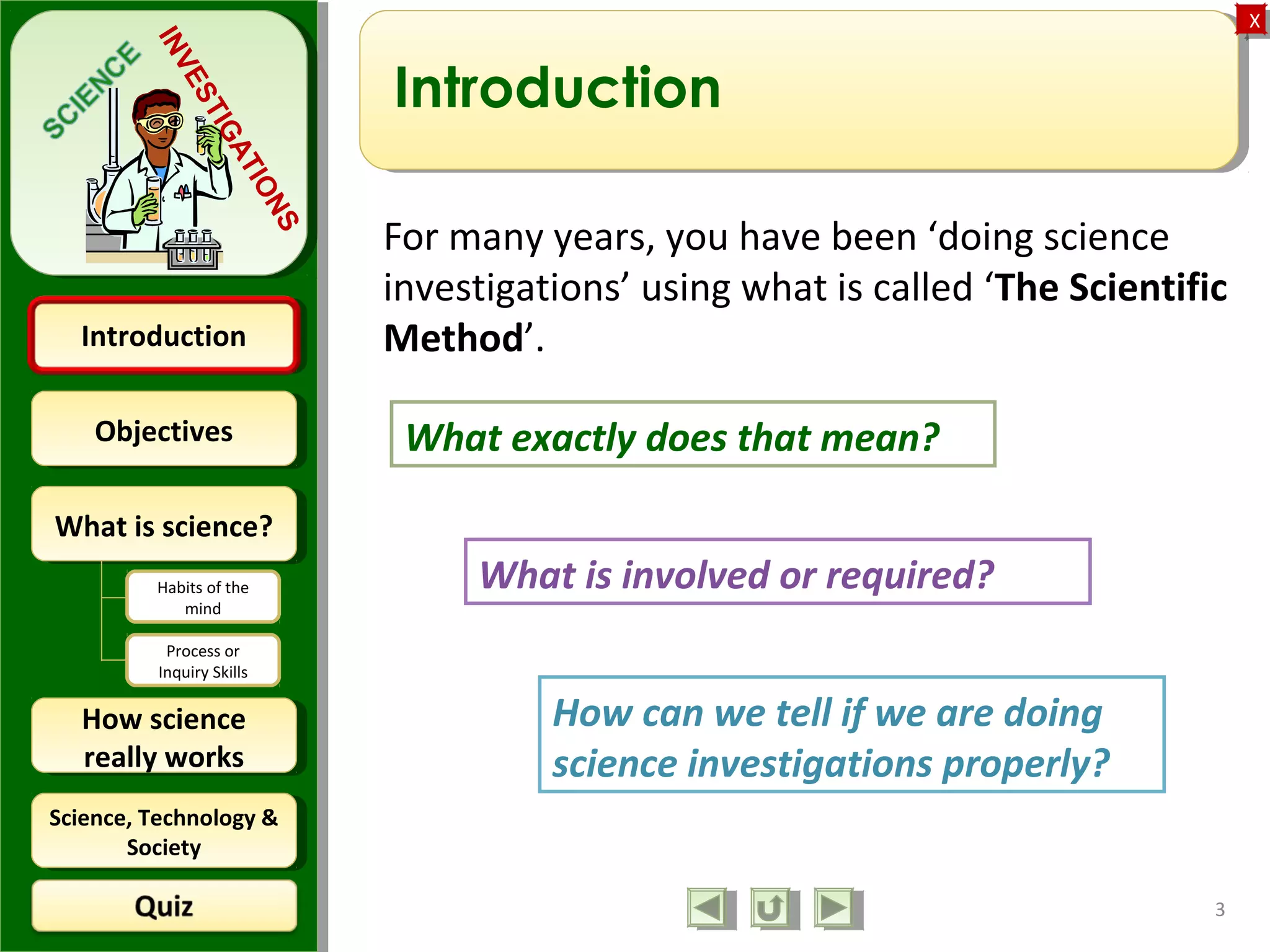 ObjectivesObjectives
What is science?What is science?
How science
really works
How science
really works
IntroductionIntroduction
Science, Technology &
Society
Science, Technology &
Society
XX
INVESTIGATIONS
Habits of the
mind
Process or
Inquiry Skills
Introduction
For many years, you have been ‘doing science
investigations’ using what is called ‘The Scientific
Method’.
3
What exactly does that mean?
What is involved or required?
How can we tell if we are doing
science investigations properly?
 