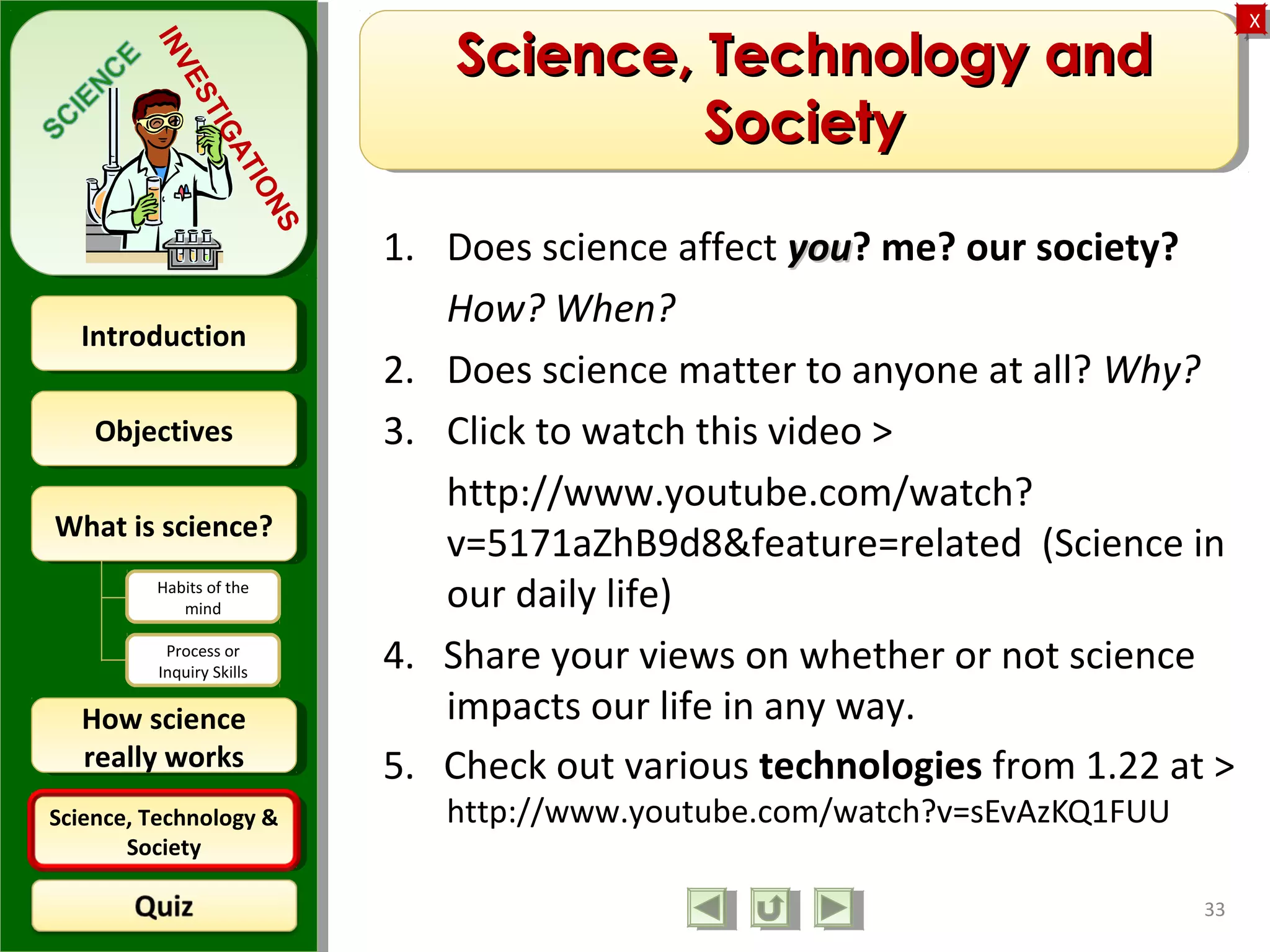 ObjectivesObjectives
What is science?What is science?
How science
really works
How science
really works
IntroductionIntroduction
Science, Technology &
Society
Science, Technology &
Society
XX
INVESTIGATIONS
Habits of the
mind
Process or
Inquiry Skills
33
Science, Technology andScience, Technology and
SocietySociety
1. Does science affect youyou? me? our society?
How? When?
2. Does science matter to anyone at all? Why?
3. Click to watch this video >
http://www.youtube.com/watch?
v=5171aZhB9d8&feature=related (Science in
our daily life)
4. Share your views on whether or not science
impacts our life in any way.
5. Check out various technologies from 1.22 at >
http://www.youtube.com/watch?v=sEvAzKQ1FUU
 