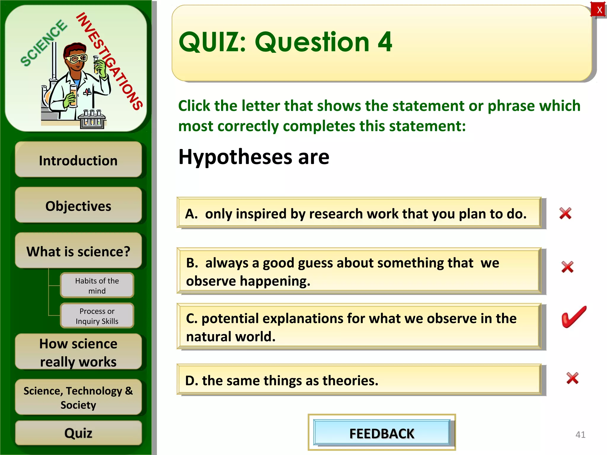 ObjectivesObjectives
What is science?What is science?
How science
really works
How science
really works
IntroductionIntroduction
Science, Technology &
Society
Science, Technology &
Society
XX
INVESTIGATIONS
Habits of the
mind
Process or
Inquiry Skills
41
QUIZ: Question 4
Click the letter that shows the statement or phrase which
most correctly completes this statement:
Hypotheses are
A. only inspired by research work that you plan to do.A. only inspired by research work that you plan to do.
D. the same things as theories.D. the same things as theories.
B. always a good guess about something that we
observe happening.
B. always a good guess about something that we
observe happening.
C. potential explanations for what we observe in the
natural world.
C. potential explanations for what we observe in the
natural world.
FEEDBACKFEEDBACKFEEDBACKFEEDBACK
 