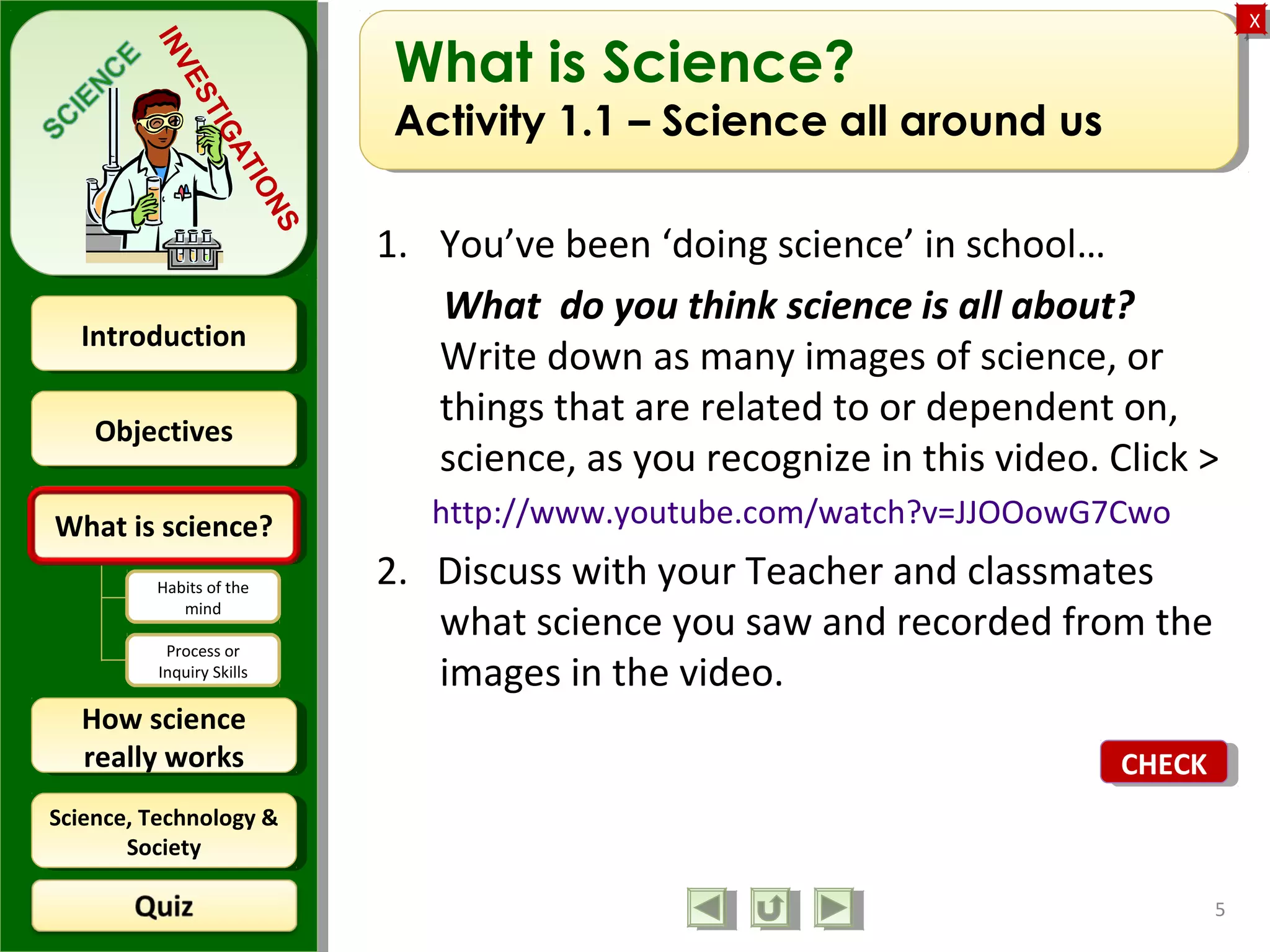 ObjectivesObjectives
What is science?What is science?
How science
really works
How science
really works
IntroductionIntroduction
Science, Technology &
Society
Science, Technology &
Society
XX
INVESTIGATIONS
Habits of the
mind
Process or
Inquiry Skills
What is Science?
Activity 1.1 – Science all around us
1. You’ve been ‘doing science’ in school…
What do you think science is all about?
Write down as many images of science, or
things that are related to or dependent on,
science, as you recognize in this video. Click >
http://www.youtube.com/watch?v=JJOOowG7Cwo
2. Discuss with your Teacher and classmates
what science you saw and recorded from the
images in the video.
5
CHECKCHECK
 