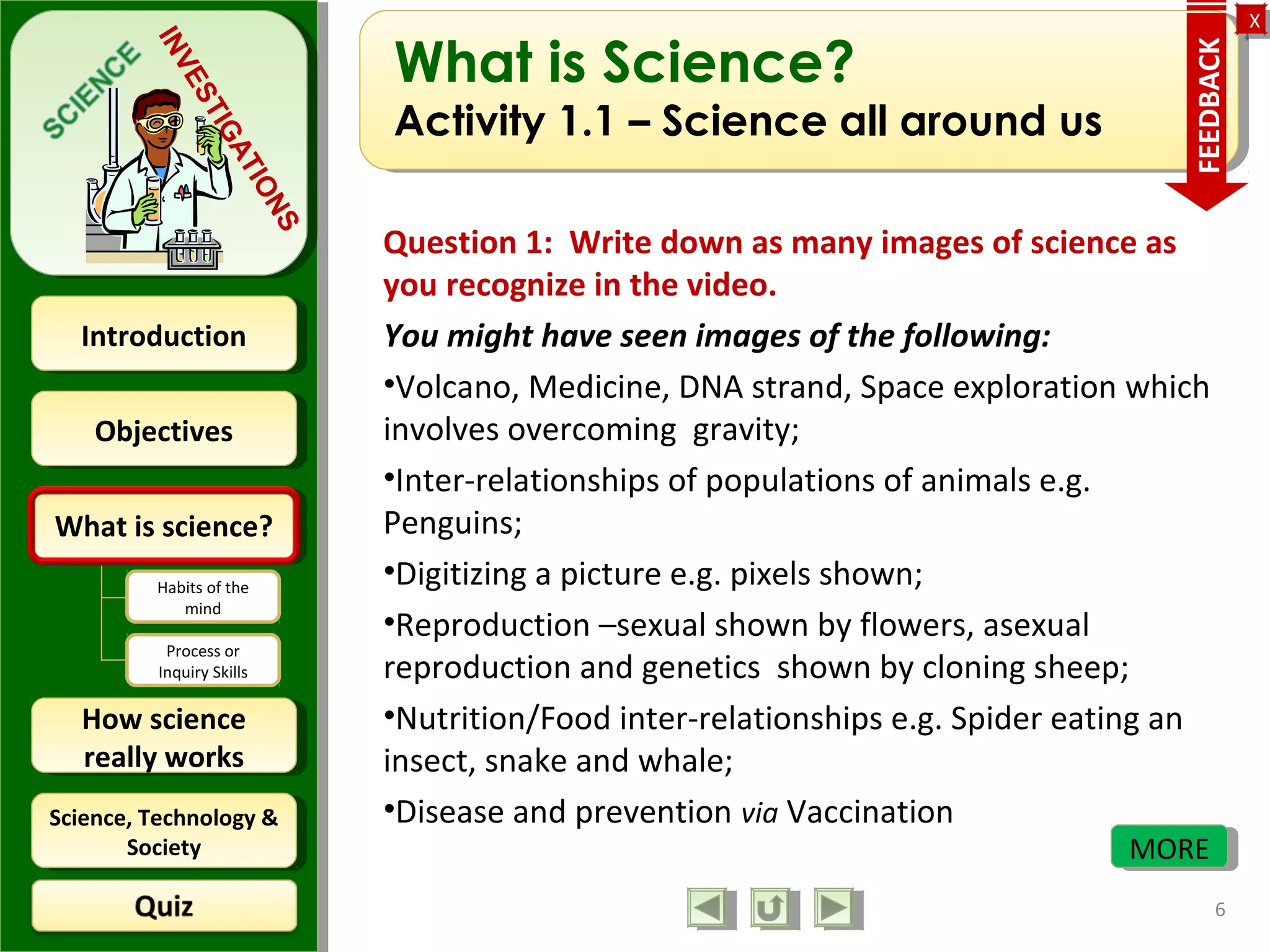ObjectivesObjectives
What is science?What is science?
How science
really works
How science
really works
IntroductionIntroduction
Science, Technology &
Society
Science, Technology &
Society
XX
INVESTIGATIONS
Habits of the
mind
Process or
Inquiry Skills
What is Science?
Activity 1.1 – Science all around us
Question 1: Write down as many images of science as
you recognize in the video.
You might have seen images of the following:
•Volcano, Medicine, DNA strand, Space exploration which
involves overcoming gravity;
•Inter-relationships of populations of animals e.g.
Penguins;
•Digitizing a picture e.g. pixels shown;
•Reproduction –sexual shown by flowers, asexual
reproduction and genetics shown by cloning sheep;
•Nutrition/Food inter-relationships e.g. Spider eating an
insect, snake and whale;
•Disease and prevention via Vaccination
6
FEEDBACK
MOREMORE
 