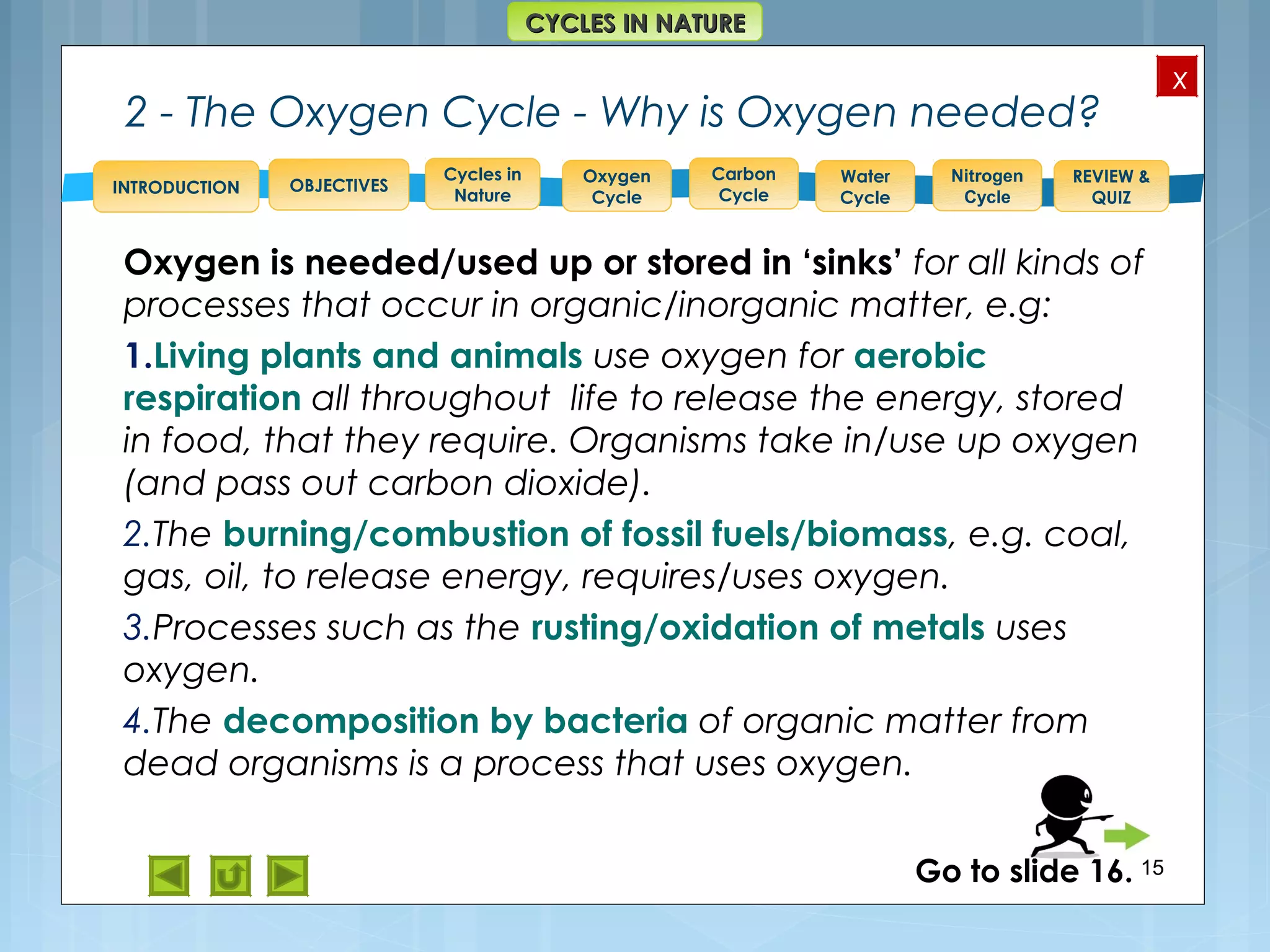 OBJECTIVES
Oxygen
Cycle
Carbon
Cycle
Water
Cycle
Nitrogen
Cycle
REVIEW &
QUIZ
INTRODUCTION
x
CYCLES IN NATURECYCLES IN NATURE
Cycles in
Nature
2 - The Oxygen Cycle - Why is Oxygen needed?
Oxygen is needed/used up or stored in ‘sinks’ for all kinds of
processes that occur in organic/inorganic matter, e.g:
1.Living plants and animals use oxygen for aerobic
respiration all throughout life to release the energy, stored
in food, that they require. Organisms take in/use up oxygen
(and pass out carbon dioxide).
2.The burning/combustion of fossil fuels/biomass, e.g. coal,
gas, oil, to release energy, requires/uses oxygen.
3.Processes such as the rusting/oxidation of metals uses
oxygen.
4.The decomposition by bacteria of organic matter from
dead organisms is a process that uses oxygen.
15Go to slide 16.
 