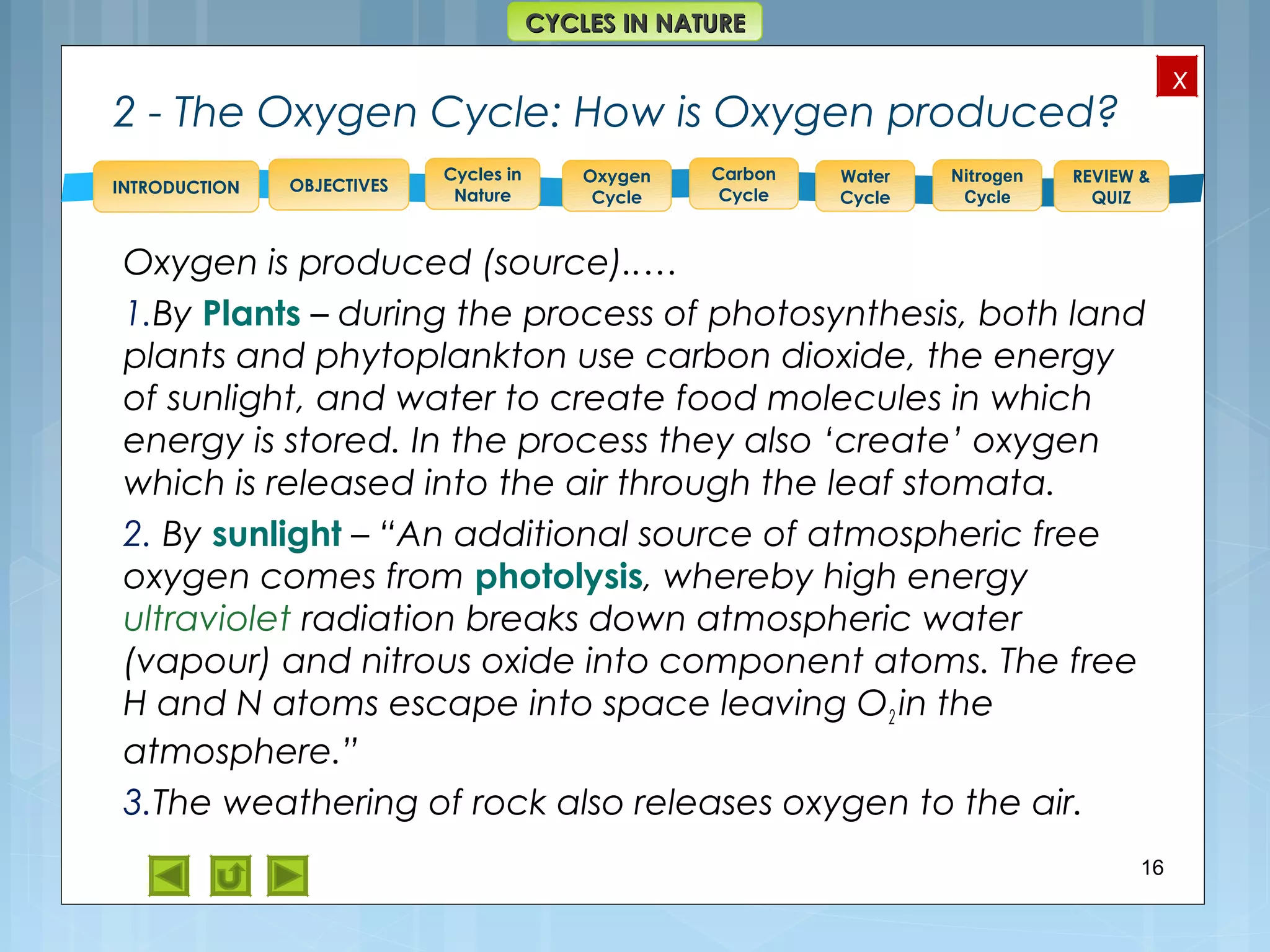OBJECTIVES
Oxygen
Cycle
Carbon
Cycle
Water
Cycle
Nitrogen
Cycle
REVIEW &
QUIZ
INTRODUCTION
x
CYCLES IN NATURECYCLES IN NATURE
Cycles in
Nature
2 - The Oxygen Cycle: How is Oxygen produced?
Oxygen is produced (source)..…
1.By Plants – during the process of photosynthesis, both land
plants and phytoplankton use carbon dioxide, the energy
of sunlight, and water to create food molecules in which
energy is stored. In the process they also ‘create’ oxygen
which is released into the air through the leaf stomata.
2. By sunlight – “An additional source of atmospheric free
oxygen comes from photolysis, whereby high energy
ultraviolet radiation breaks down atmospheric water
(vapour) and nitrous oxide into component atoms. The free
H and N atoms escape into space leaving O2 in the
atmosphere.”
3.The weathering of rock also releases oxygen to the air.
16
 