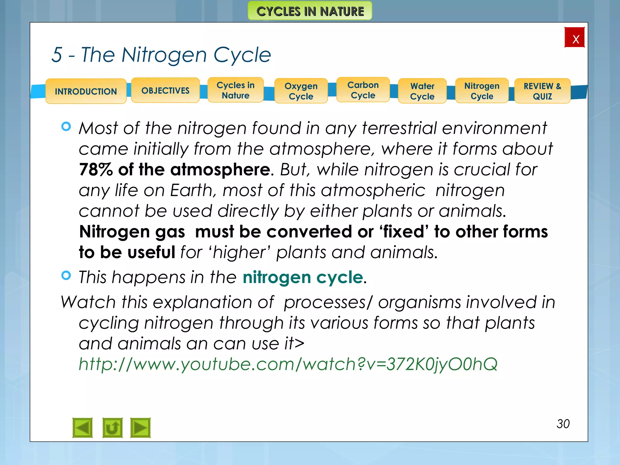 OBJECTIVES
Oxygen
Cycle
Carbon
Cycle
Water
Cycle
Nitrogen
Cycle
REVIEW &
QUIZ
INTRODUCTION
x
CYCLES IN NATURECYCLES IN NATURE
Cycles in
Nature
5 - The Nitrogen Cycle
 Most of the nitrogen found in any terrestrial environment
came initially from the atmosphere, where it forms about
78% of the atmosphere. But, while nitrogen is crucial for
any life on Earth, most of this atmospheric nitrogen
cannot be used directly by either plants or animals.
Nitrogen gas must be converted or ‘fixed’ to other forms
to be useful for ‘higher’ plants and animals.
 This happens in the nitrogen cycle.
Watch this explanation of processes/ organisms involved in
cycling nitrogen through its various forms so that plants
and animals an can use it>
http://www.youtube.com/watch?v=372K0jyO0hQ
30
 