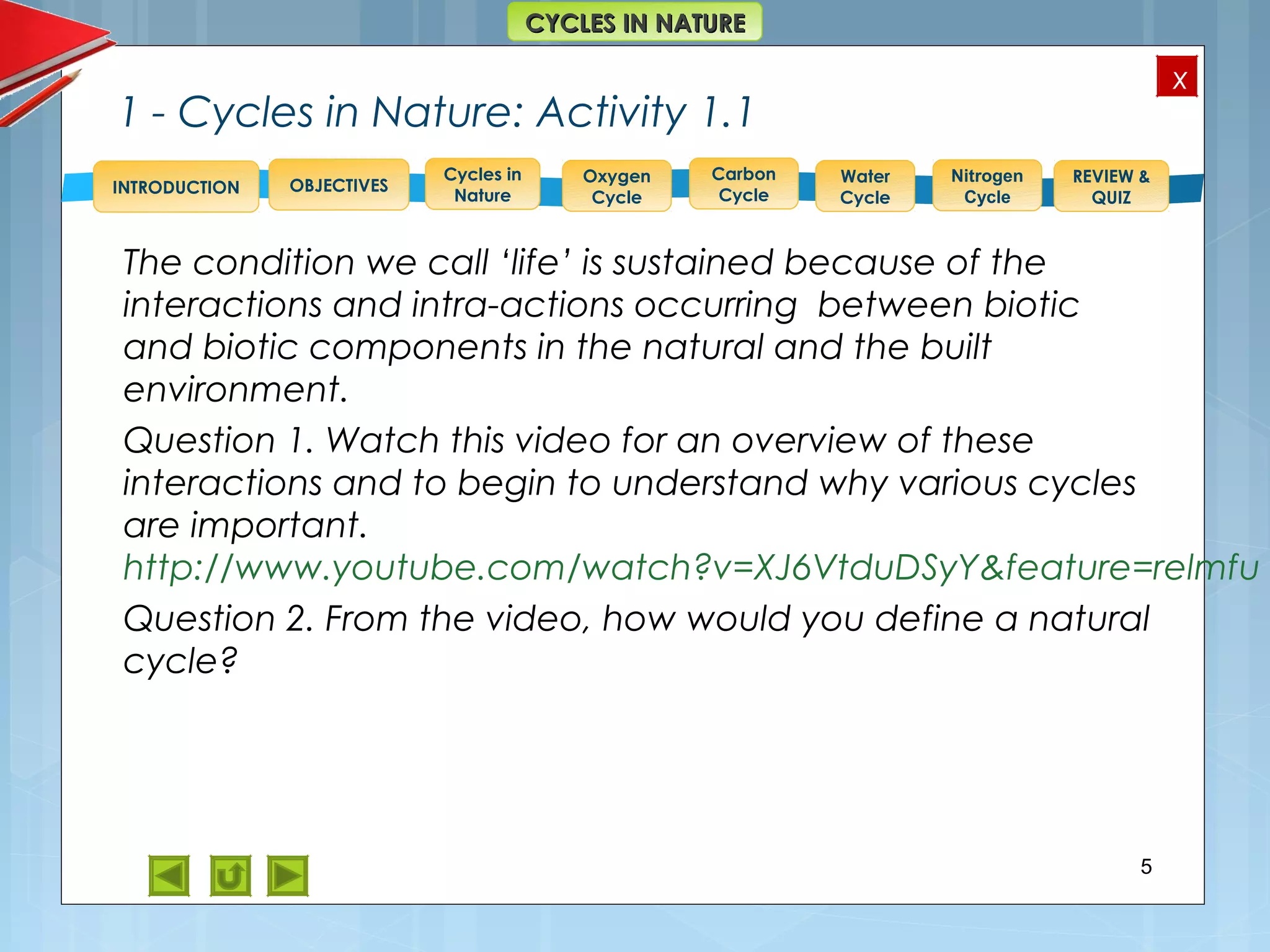 OBJECTIVES
Oxygen
Cycle
Carbon
Cycle
Water
Cycle
Nitrogen
Cycle
REVIEW &
QUIZ
INTRODUCTION
x
CYCLES IN NATURECYCLES IN NATURE
Cycles in
Nature
1 - Cycles in Nature: Activity 1.1
The condition we call ‘life’ is sustained because of the
interactions and intra-actions occurring between biotic
and biotic components in the natural and the built
environment.
Question 1. Watch this video for an overview of these
interactions and to begin to understand why various cycles
are important.
http://www.youtube.com/watch?v=XJ6VtduDSyY&feature=relmfu
Question 2. From the video, how would you define a natural
cycle?
5
 