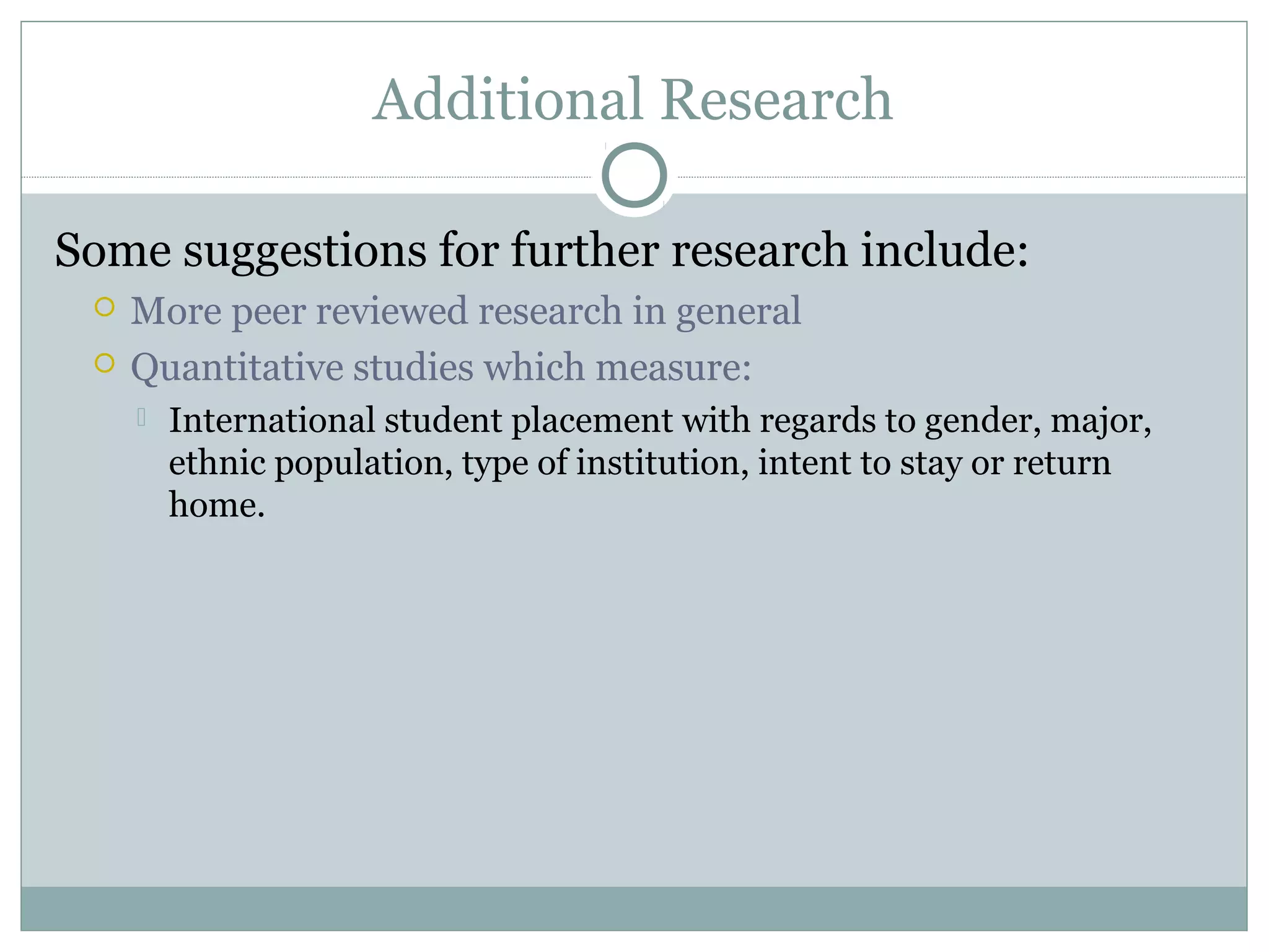Additional Research
Some suggestions for further research include:
 More peer reviewed research in general
 Quantitative studies which measure:
 International student placement with regards to gender, major,
ethnic population, type of institution, intent to stay or return
home.
 