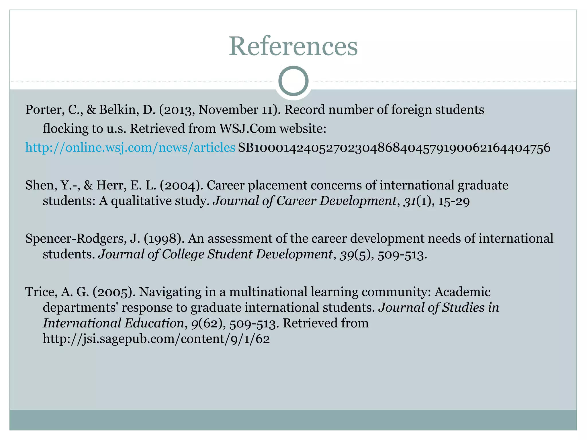 References
Porter, C., & Belkin, D. (2013, November 11). Record number of foreign students
flocking to u.s. Retrieved from WSJ.Com website:
http://online.wsj.com/news/articles SB10001424052702304868404579190062164404756
Shen, Y.-, & Herr, E. L. (2004). Career placement concerns of international graduate
students: A qualitative study. Journal of Career Development, 31(1), 15-29
Spencer-Rodgers, J. (1998). An assessment of the career development needs of international
students. Journal of College Student Development, 39(5), 509-513.
Trice, A. G. (2005). Navigating in a multinational learning community: Academic
departments' response to graduate international students. Journal of Studies in
International Education, 9(62), 509-513. Retrieved from
http://jsi.sagepub.com/content/9/1/62
 
