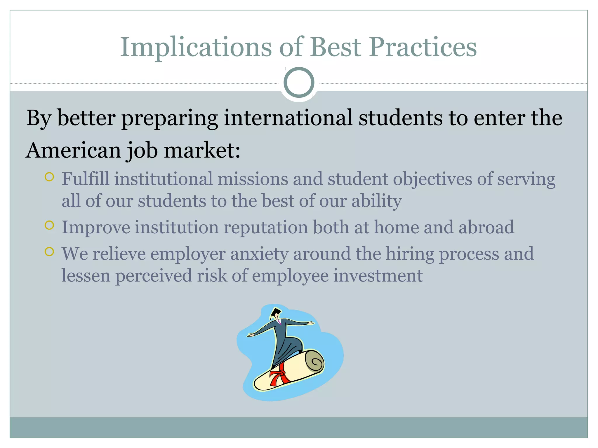 Implications of Best Practices
By better preparing international students to enter the
American job market:
 Fulfill institutional missions and student objectives of serving
all of our students to the best of our ability
 Improve institution reputation both at home and abroad
 We relieve employer anxiety around the hiring process and
lessen perceived risk of employee investment
 