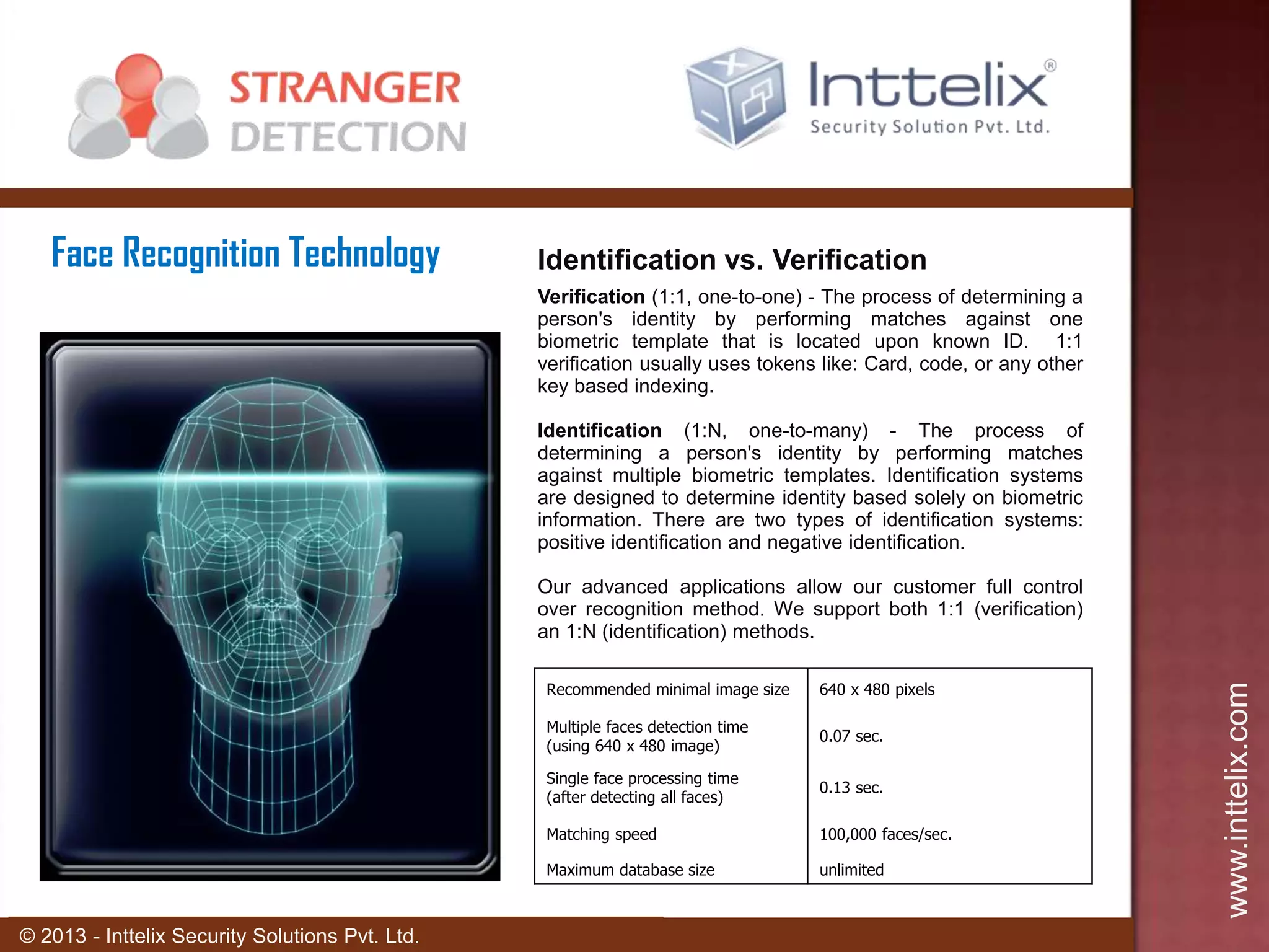 Face Recognition Technology

Identification vs. Verification
Verification (1:1, one-to-one) - The process of determining a
person's identity by performing matches against one
biometric template that is located upon known ID. 1:1
verification usually uses tokens like: Card, code, or any other
key based indexing.
Identification (1:N, one-to-many) - The process of
determining a person's identity by performing matches
against multiple biometric templates. Identification systems
are designed to determine identity based solely on biometric
information. There are two types of identification systems:
positive identification and negative identification.

Recommended minimal image size
Multiple faces detection time
(using 640 x 480 image)

0.07 sec.

Single face processing time
(after detecting all faces)

0.13 sec.

Matching speed

100,000 faces/sec.

Maximum database size

© 2013 - Inttelix Security Solutions Pvt. Ltd.

640 x 480 pixels

unlimited

www.inttelix.com

Our advanced applications allow our customer full control
over recognition method. We support both 1:1 (verification)
an 1:N (identification) methods.

 
