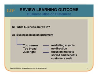 LO2              REVIEW LEARNING OUTCOME
                             Business Mission Statement


    Q: What business are we in?

    A: Business mission statement


                      Too narrow                                marketing myopia
                      Too broad                                 no direction
                      Just right                                focus on markets
                                                                served and benefits
                                                                customers seek


 Copyright ©2009 by Cengage Learning Inc. All rights reserved                         16
 