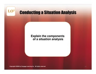 LO3             Conducting a Situation Analysis




                                   Explain the components
                                    of a situation analysis




Copyright ©2009 by Cengage Learning Inc. All rights reserved   17
 