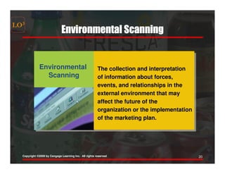 LO3
                             Environmental Scanning


             Environmental
             Environmental                             The collection and interpretation
               Scanning
                Scanning                               of information about forces,
                                                       events, and relationships in the
                                                       external environment that may
                                                       affect the future of the
                                                       organization or the implementation
                                                       of the marketing plan.




  Copyright ©2009 by Cengage Learning Inc. All rights reserved                              20
 