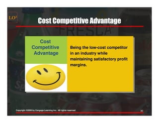 LO5
                        Cost Competitive Advantage

                    Cost
                    Cost
                 Competitive
                 Competitive                            Being the low-cost competitor
                  Advantage
                  Advantage                             in an industry while
                                                        maintaining satisfactory profit
                                                        margins.




  Copyright ©2009 by Cengage Learning Inc. All rights reserved                            30
 