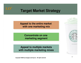 LO7
                Target Market Strategy


               Appeal to the entire market
               Appeal to the entire market
                 with one marketing mix
                 with one marketing mix


                       Concentrate on one
                       Concentrate on one
                       marketing segment
                        marketing segment


             Appeal to multiple markets
              Appeal to multiple markets
            with multiple marketing mixes
            with multiple marketing mixes

                                                                     48
      Copyright ©2009 by Cengage Learning Inc. All rights reserved
 